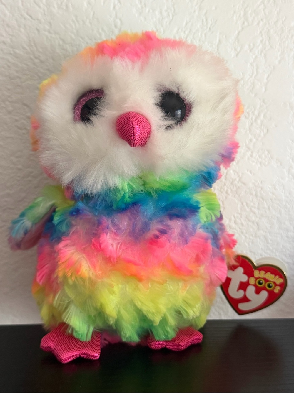 Ty Rainbow Plush Owl Stuffed Animal - White Face with Neon Multicolor Body